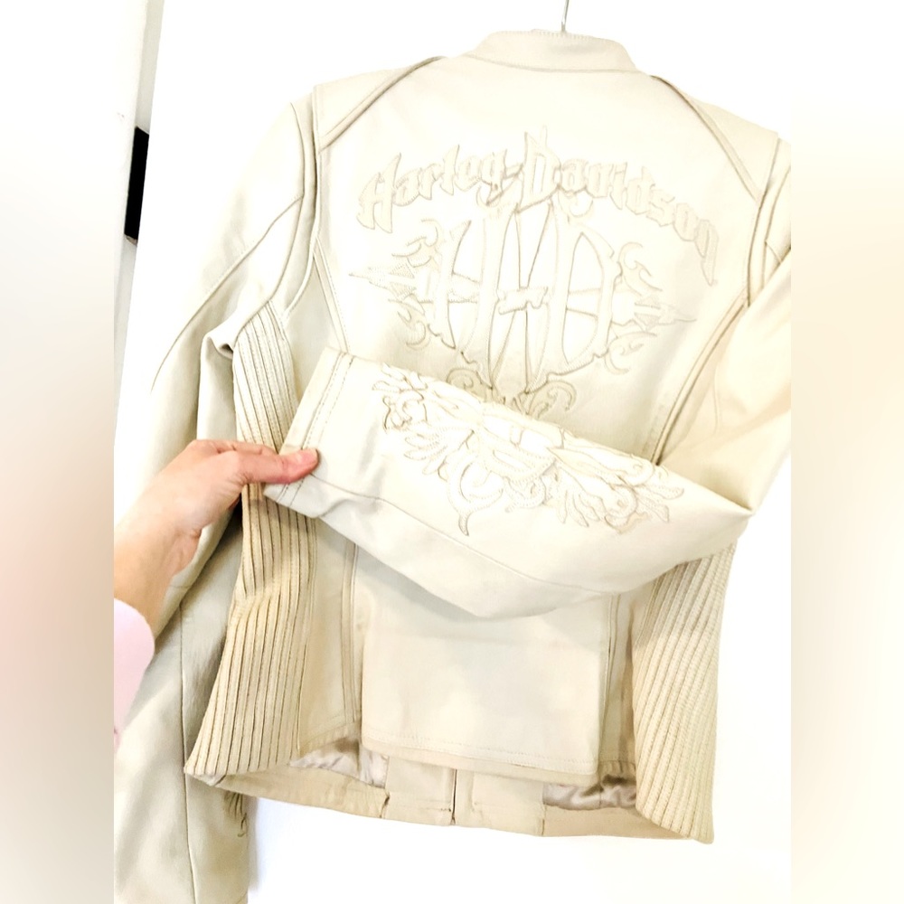 100% GENUINE LEATHER CREAM HARLEY DAVIDSON BIKER MOTO JACKET SIZE SMALL - Picture 6 of 7